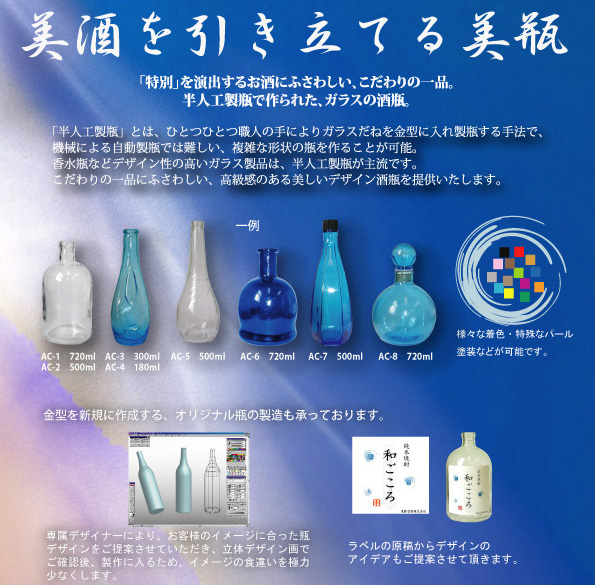 焼酎瓶、日本酒瓶、ウィスキー瓶、酒類用ガラスボトルの企画製造販売